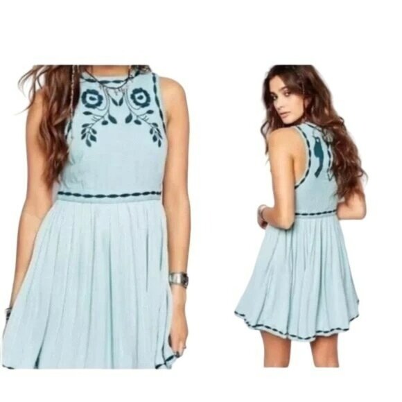 Free People Womens Blue Birds of a Feather Fit Flare Mini Dress Size 0 - Picture 1 of 7
